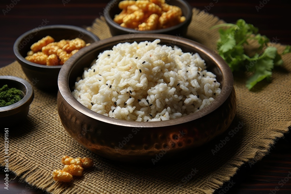 A detailed view of a bowl filled with rice placed on a table, showcasing the simplicity and texture of the grains. Generative AI A detailed view of a bowl filled with rice placed on a table, showcasing the simplicity and texture of the grains. Generative AI