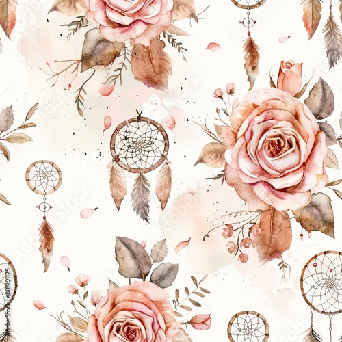 Roses and dreamcatchers, romantic boho watercolor, seamless pattern, blush pinks and earthy tones, dreamy love.Seamless Pattern, Fabric Pattern, Tumbler Wrap, Mug Wrap. © Thanthara