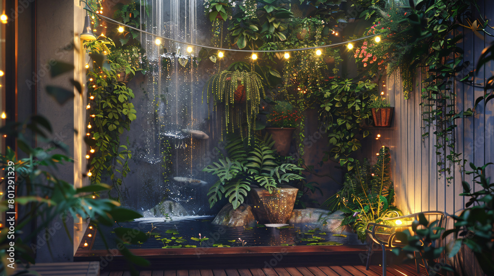 Fototapeta premium Tranquil Balcony Garden: Hanging Plants and String Light Magic