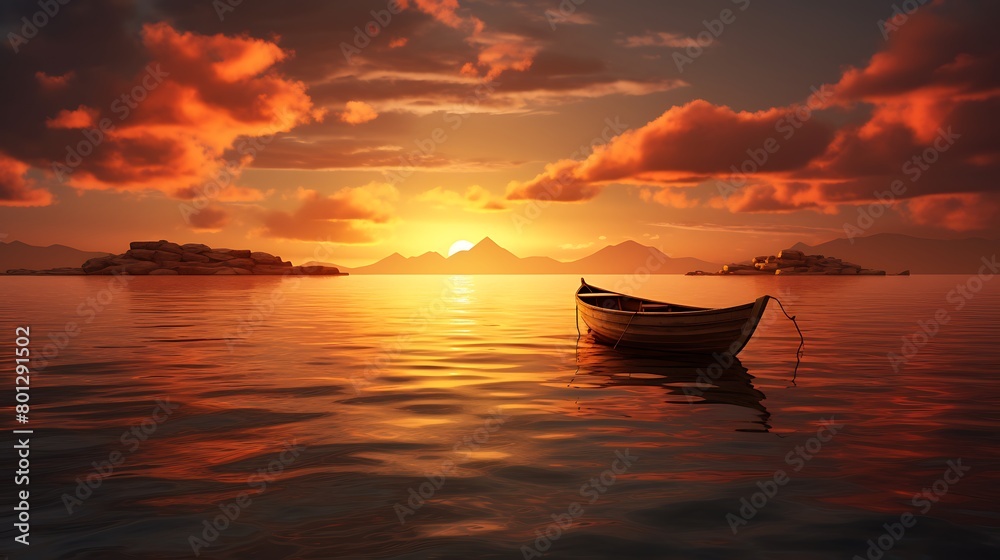 Nature's masterpiece unfolds as the sun dips below the horizon, casting a golden glow on the lone boat nestled by the tranquil sea