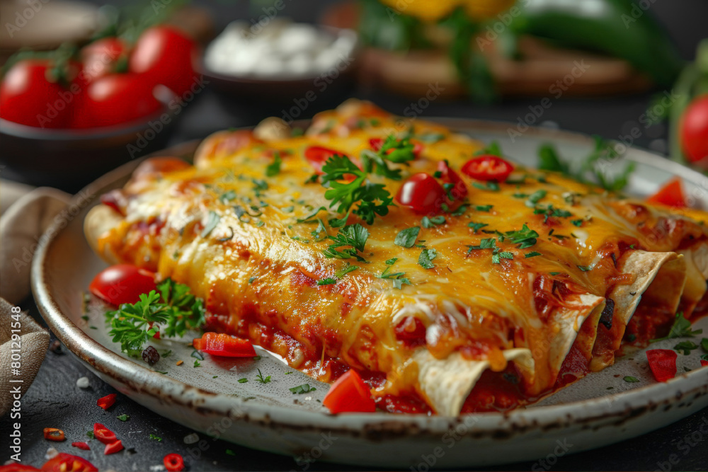  Baked enchiladas with cheese on a dark old wooden background. Traditional Mexican food concept. Latin American national cuisine. Horizontal image for menu, recipe, banner, poster.