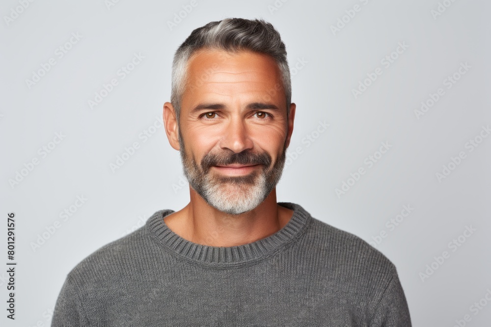 Fototapeta premium Portrait of a glad man in his 40s wearing a cozy sweater in white background