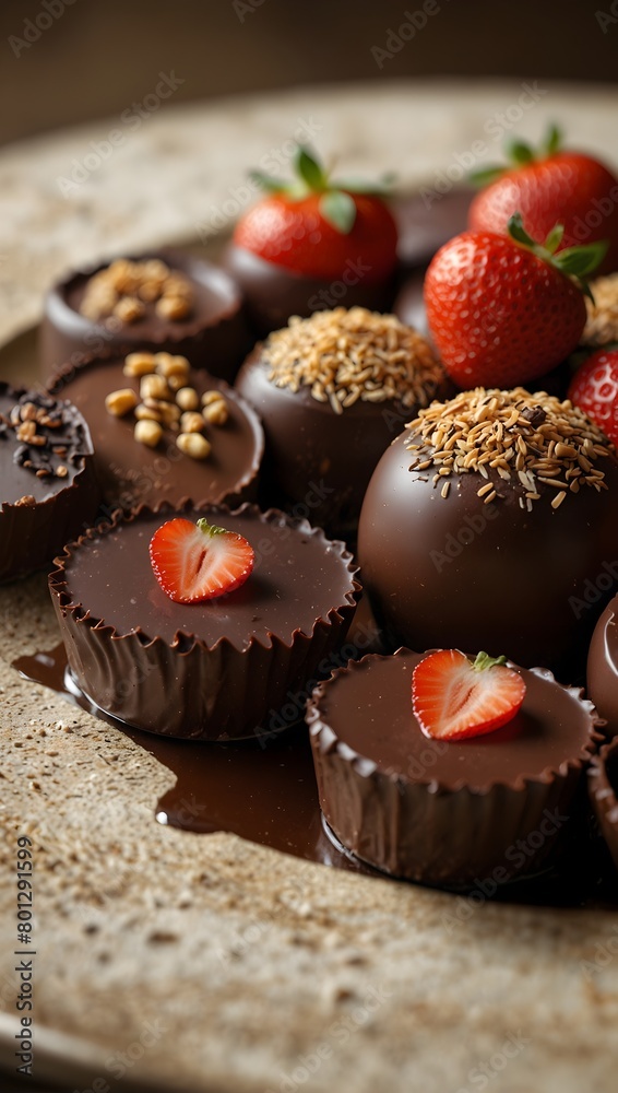 Various chocolate candy on a plate with strawberry and nuts. 