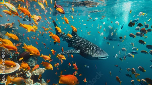 A school of colorful fish swimming alongside a whale shark, forming a symbiotic relationship as they feed on the scraps left behind by the gentle giant, a stunning display of marine biodiversity.