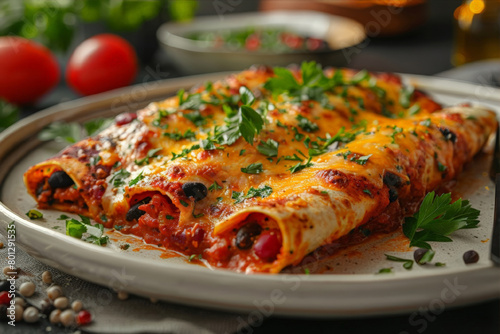 Baked enchiladas with cheese on a dark old wooden background. Traditional Mexican food concept. Latin American national cuisine. Horizontal image for menu, recipe, banner, poster.