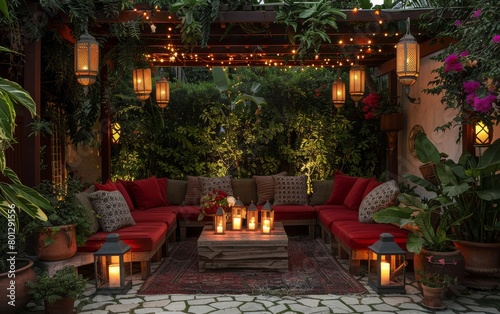Peaceful Outdoor Space with Lanterns and Seating