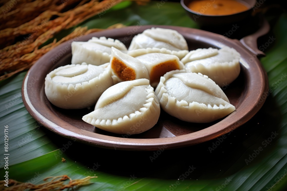 A plate of dumplings resting on a leafy table, showcasing traditional Bengali food called Puli Pithaa. Generative AI A plate of dumplings resting on a leafy table, showcasing traditional Bengali food called Puli Pithaa. Generative AI