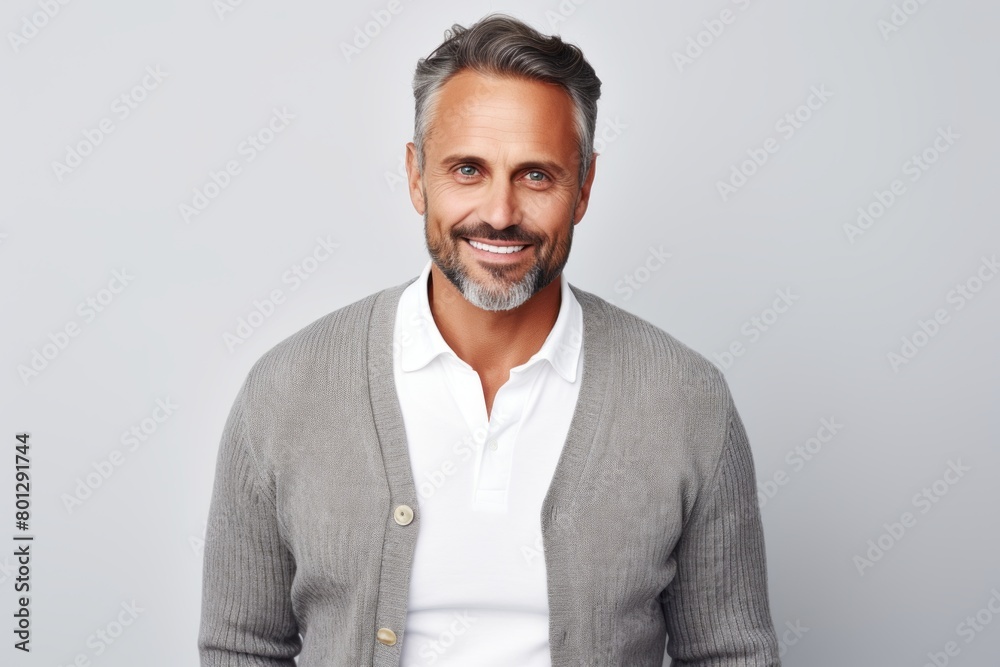 Portrait of a smiling man in his 40s wearing a chic cardigan in front of white background Portrait of a smiling man in his 40s wearing a chic cardigan in front of white background