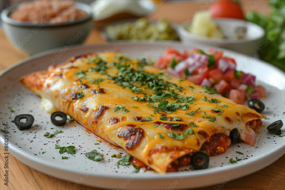 Baked enchiladas with cheese on a dark old wooden background. Traditional Mexican food concept. Latin American national cuisine. Horizontal image for menu, recipe, banner, poster. Baked enchiladas with cheese on a dark old wooden background. Traditional Mexican food concept. Latin American national cuisine. Horizontal image for menu, recipe, banner, poster.