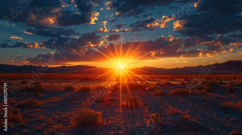 Craft an image depicting the sun setting behind a vast desert expanse