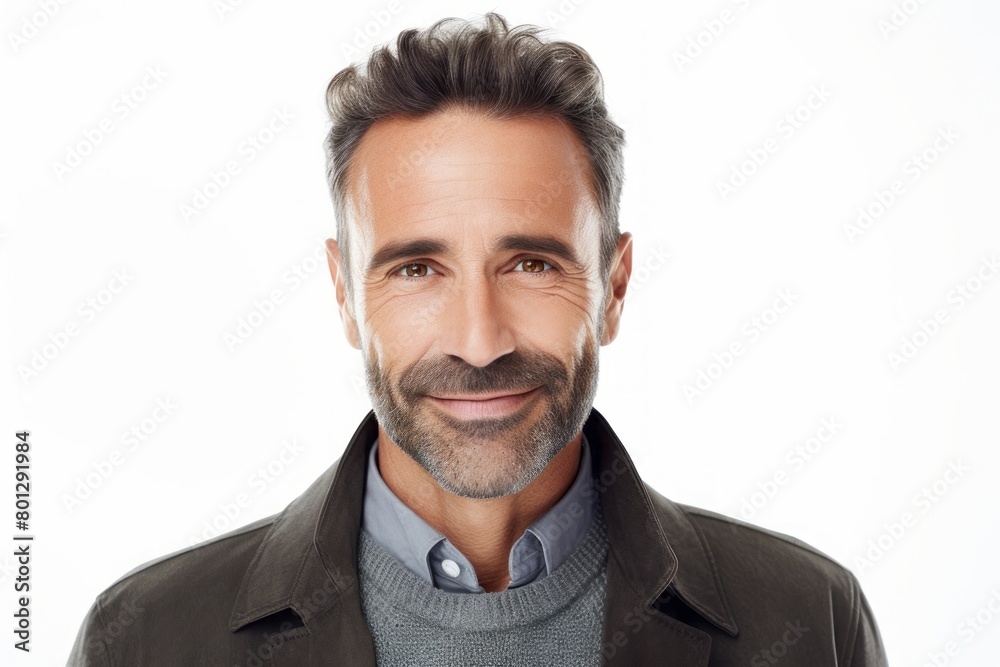 Fototapeta premium Portrait of a smiling man in his 40s wearing a chic cardigan isolated in white background