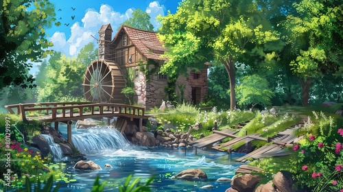 enchanting watermill surrounded by lush green trees, a vibrant pink flower, and a cascading waterfa photo