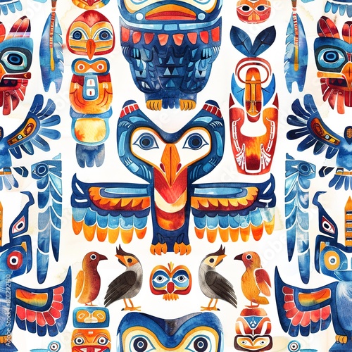 Totem poles and spirit animals, totemic boho watercolor, seamless pattern, bold colors and sacred symbols, ancestral connections.Seamless Pattern, Fabric Pattern, Tumbler Wrap, Mug Wrap. photo