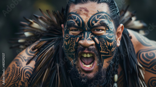 An epic shot of a Maori warrior performing a haka  showcasing his intricate facial tattoos.   