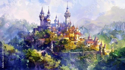 fairy tale castle surrounded by lush green trees in a digital painting