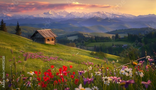 A picturesque landscape of the Carpathian Mountains at sunrise, with colorful wildflowers blooming in an open field and a rustic wooden house nestled among rolling hills.