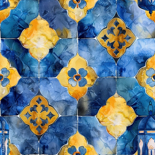 Moroccan tiles and lanterns, exotic boho watercolor, seamless pattern, bright blues and warm yellows, illuminated beauty.Seamless Pattern, Fabric Pattern, Tumbler Wrap, Mug Wrap.