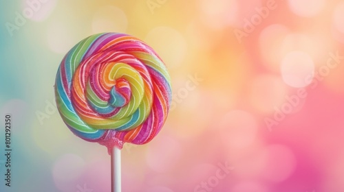 A rainbow lollipop is sitting on a white stick photo