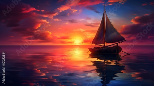 The beauty of twilight is captured in this stunning image, with the solitary boat drifting peacefully along the coastline under the colorful canvas of the setting sun