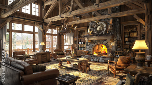 Cozy Retreat  Rustic Cabin Living Room with Stone Fireplace