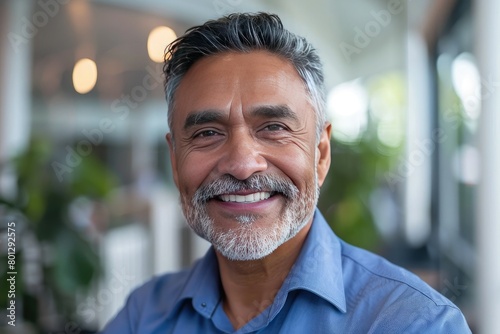 Headshot close up portrait of indian or latin confident mature good looking middle age leader, ceo male businessman on blur office background. Handsome hispanic senior business man smiling at camera. photo