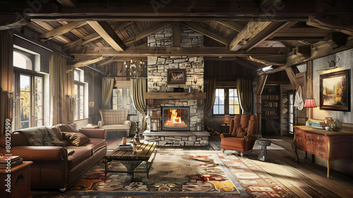 Cozy Retreat: Rustic Cabin Living Room with Stone Fireplace © Dustin