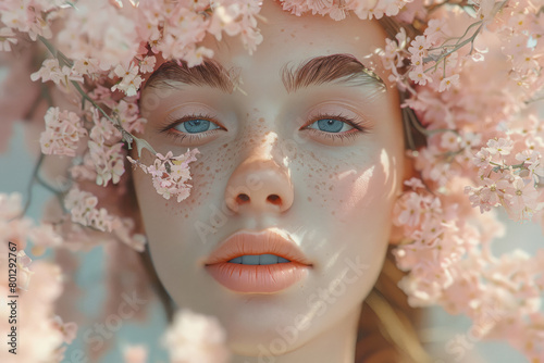 Surreal portrait of woman with blooming flowers on her head against pastel background