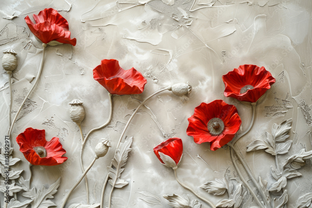 Texture of plaster with poppy flowers. Detailed stucco relief with floral designs in classical style