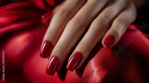 Closeup of hands of a young woman with red nails