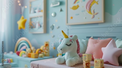 Detailed view of a cozy kid's room with a unicorn theme, showcasing a mock-up poster frame and personal touches like a mermaid doll and wooden blocks