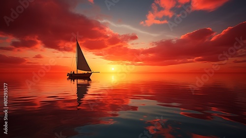 The tranquil waters mirror the fiery sky as the sun sets, enveloping the solitary boat in a warm embrace against the backdrop of the ocean horizon