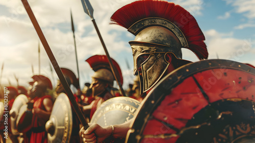 An epic shot of a Spartan hoplite in formation, shield raised and spear ready for battle.


 photo