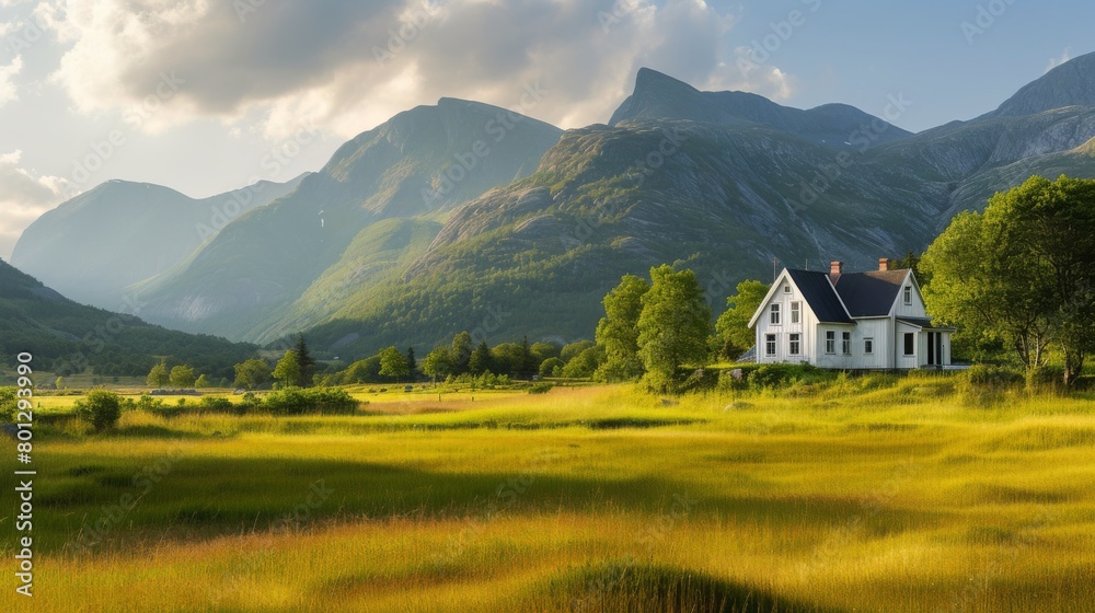 A house sits in a field with mountains in the background