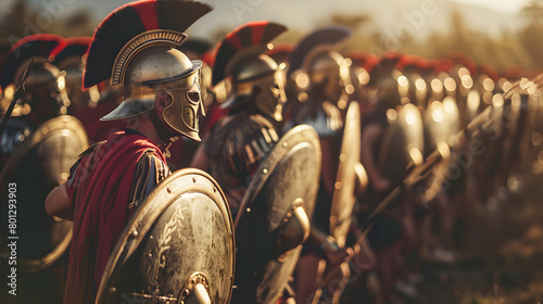 An epic shot of a Spartan hoplite in formation, shield raised and spear ready for battle.