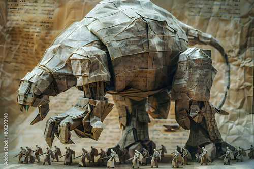 The image shows a giant origami elephant made of newspaper, with a group of people standing in front of it. photo