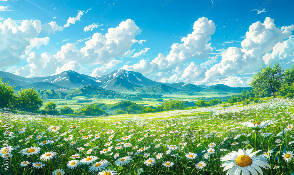 Blooming Daisy Field Scenic Landscape - Spring Summer Natural Meadow Countryside Hills Grass Flowers