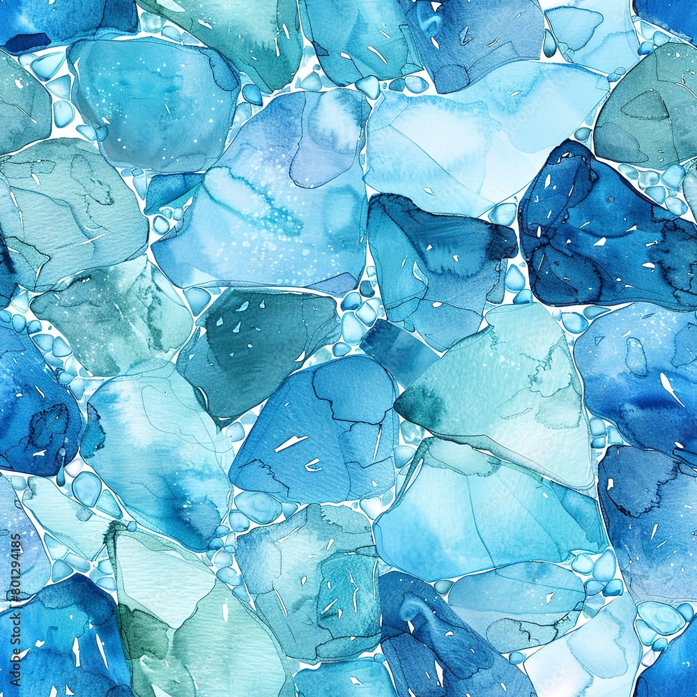 Fototapeta premium Aquamarine shards and water droplets, tranquil boho watercolor, seamless pattern, serene blues and aquas, calming flow. -Seamless Pattern, Fabric Pattern, Tumbler Wrap, Mug Wrap.
