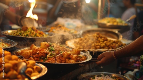 A street food vendor serving up generous portions of chaat and samosas on a traditional Indian thali, attracting hungry customers with the aroma of spicy and savory delights.