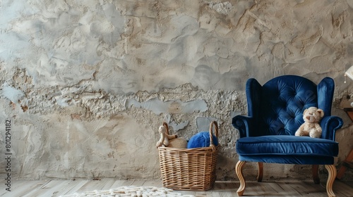 Creative composition of a children's room interior, with a focus on a luxurious blue velvet chair, soft toys, and a rustic wicker basket, set against a textured beige wall