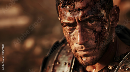 A close-up of a Roman gladiator in the arena  with scars and determination visible on his face. Epic shot.   