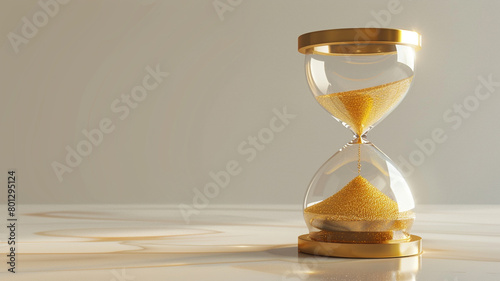 An hourglass with golden sand flowing.