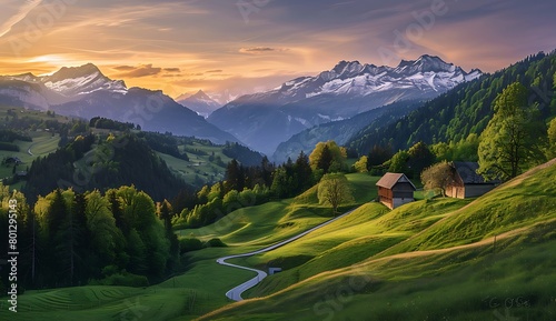  Beautiful panorama of sunrise over the Alps Mountain range with green meadows and wooden houses in nature. A panoramic view of the scenic landscape with beautiful natural scenery. © NS