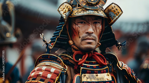 A close-up of a Samurai warrior in full battle regalia, showcasing the craftsmanship of his armor. Epic shot.