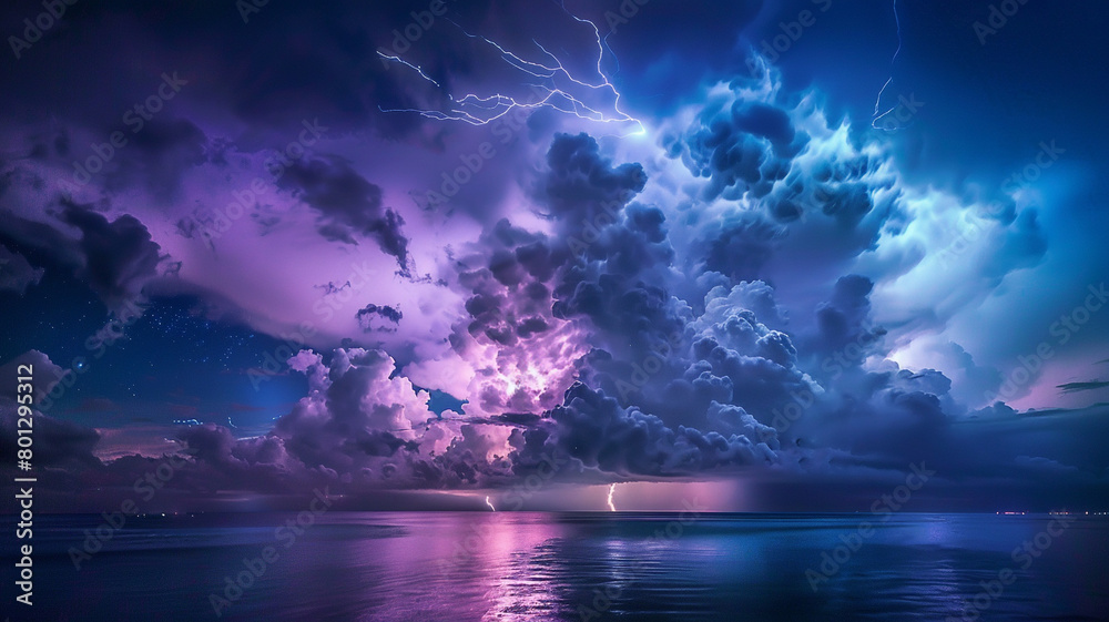 Beautiful epic night sky with huge thunderclouds and lightning bolts