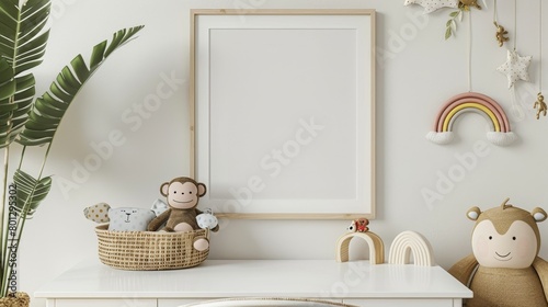 Cozy boy's room interior close-up, featuring a mock-up poster frame, white desk, and animal wicker basket, accented with plush monkey toys and a rainbow ornament, homey decor photo