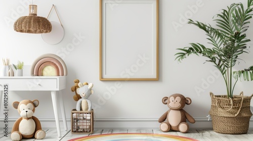 Cozy boy's room interior close-up, featuring a mock-up poster frame, white desk, and animal wicker basket, accented with plush monkey toys and a rainbow ornament, homey decor photo