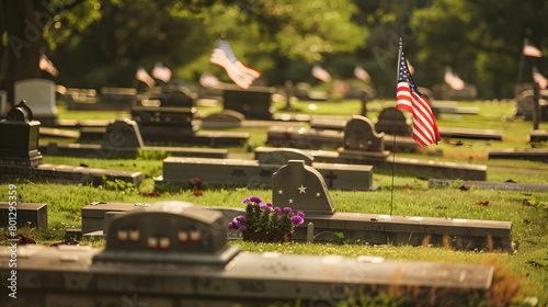 Gravestones rows adorned with American flags for Memorial Day.