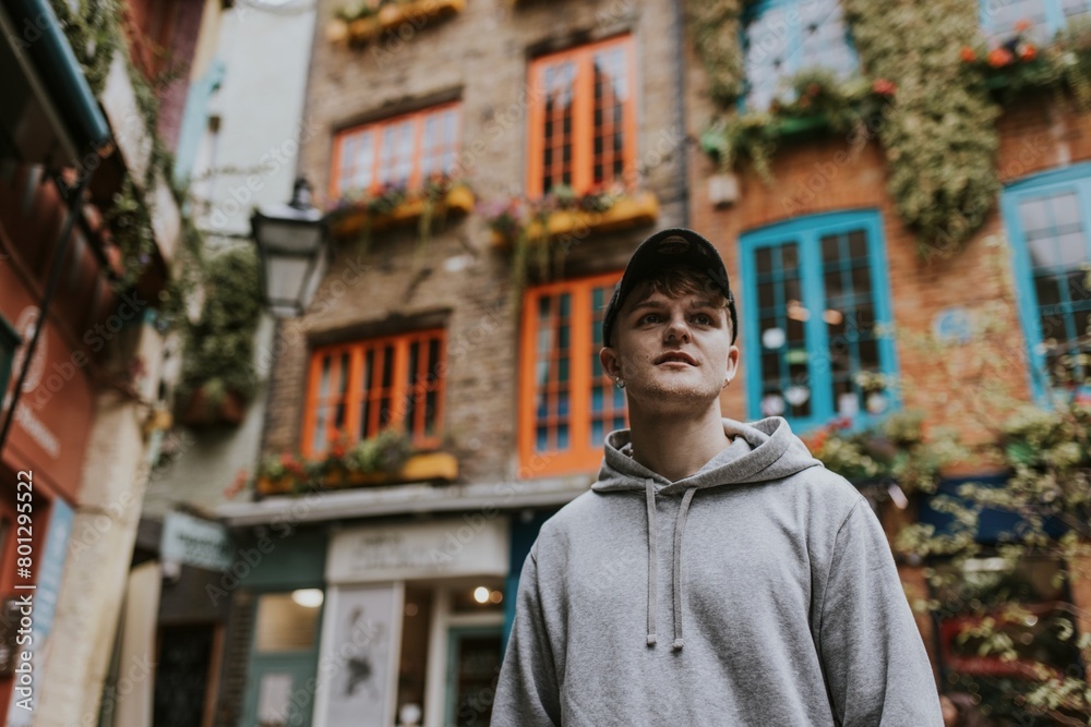 Man in gray hoodie walking in city Man in gray hoodie walking in city