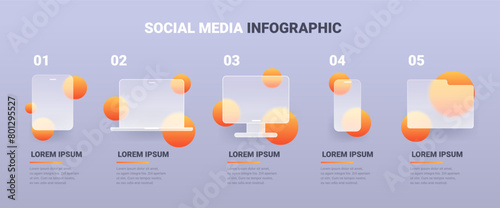 Social media infographic in glass morphism style. Five steps with gadgets icon. Vector illustration
