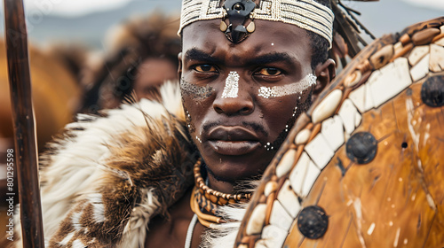 A close-up of a Zulu warrior in traditional attire, armed with a spear and shield. Epic shot.


 photo